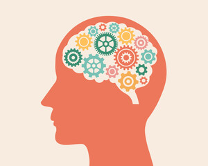 brain creative and gear thoughts on head background. idea thinking innovation work for success. study and learning concept. vector illustration flat design.