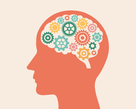 brain creative and gear thoughts on head background. idea thinking innovation work for success. study and learning concept. vector illustration flat design.