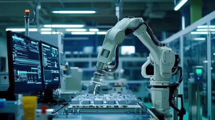 A robotic arm uses AI to assemble products with precision on a high-tech factory floor. Digital readouts of efficiency metrics and progress reports are visible in the background.