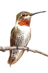 Obraz premium Bee Hummingbird Perched on a Branch, on a White Background, Realistic Photo, Standard Background, Wallpaper, Cover and Screen of Smartphone, Cell Phone, Computer, Laptop, 9:16 and 16:9 Format