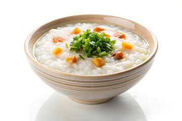 A bowl of rice congee topped with green onions and chopped carrots, symbolizing comfort, nourishment, simplicity, flavor, and tradition.