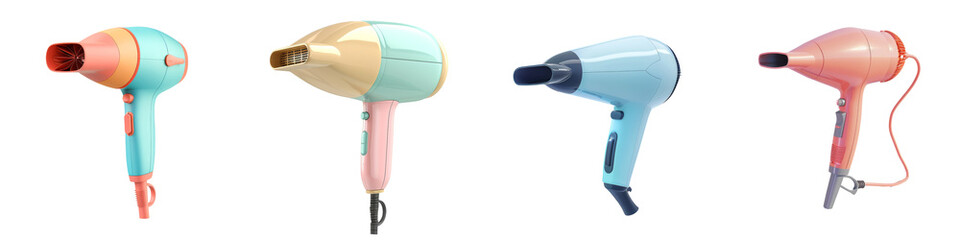 Fototapeta premium Collection of colorful hair dryers lined up, showcasing modern design and vibrant colors for personal grooming.
