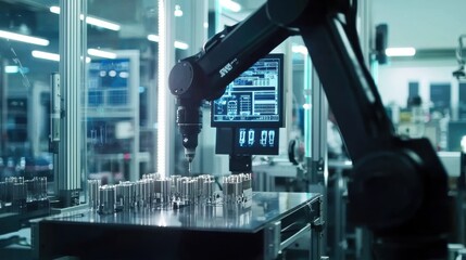 Fototapeta premium A robotic arm uses AI to assemble products with precision on a high-tech factory floor. Digital readouts of efficiency metrics and progress reports are visible in the background.