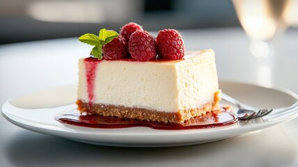 Artistic New York-style cheesecake with intricate raspberry drizzle patterns on top, adding a creative touch.