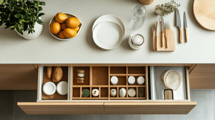 Top View of Modern Kitchen Interior with Empty Table Space