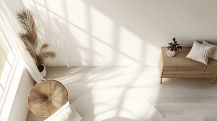 Top View of Living Room Interior with Empty Space on Drawer and Sofa
