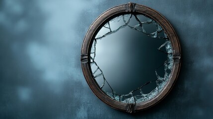 Obraz premium Broken Antique Mirror on Dark Blue Wall