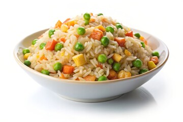 A bowl of freshly prepared vegetarian fried rice with peas, carrots, and tofu, a healthy and flavorful meal.