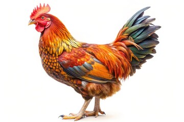 Fototapeta premium A rooster with a striking red comb, bright orange and yellow feathers, and a long tail of iridescent green, blue, and purple feathers. The bird is standing on a white background and looking to the lef