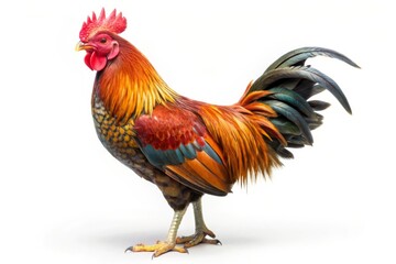 Fototapeta premium A vibrant rooster stands tall with its feathers ruffled, symbolizing strength, confidence, and early morning. Its red comb and wattle add a touch of boldness, while its long tail feathers create a bea