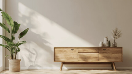 Top View of Living Room Interior with Empty Sideboard and Decorative Items