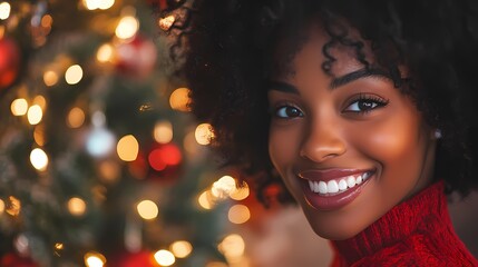 portrait of a woman with christmas tree.