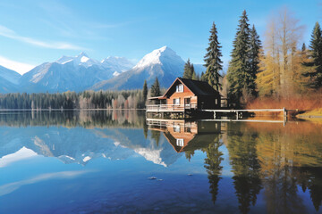 Fototapeta premium Cabin by the Lake with Mountain Reflections