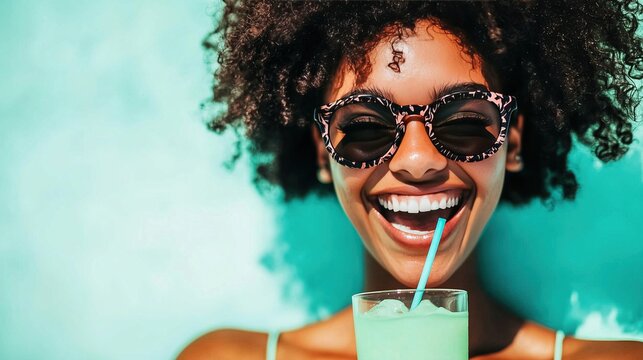 young woman with curly hair smiles brightly as she enjoys refreshing drink