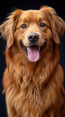 Obraz premium Cute, shaggy, red dog with brown eyes on a black background. High quality photo