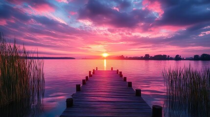 Naklejka premium Peaceful lake at sunset with vivid colors ideal for serene and high-definition background designs