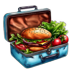 Vintage blue metallic lunchbox. Juicy burger and lettuce with tomatoes 