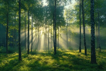 Obraz premium Serene Forest with Sun Rays and Mist
