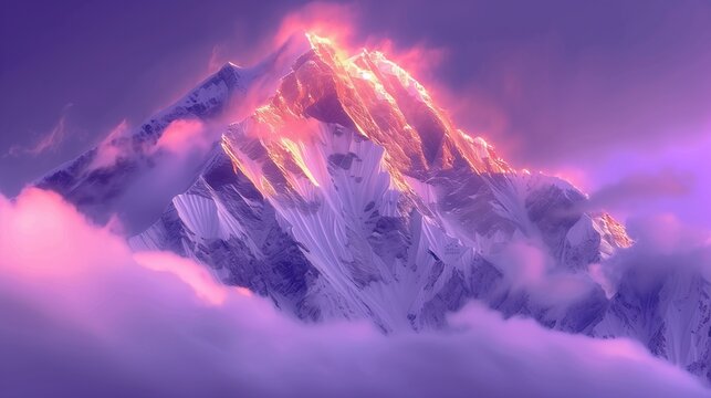 majestic kailash parvat mountain peak in warm glow of sunrise while clouds at base