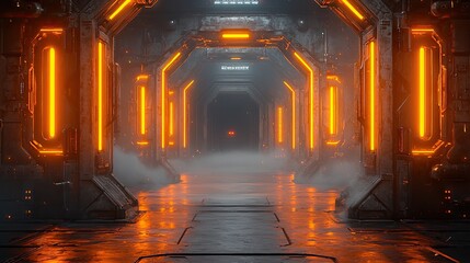 This is a retro-futuristic sci-fi hangar garage scene with neon lights, neon lasers, a glowing tunnel corridor with columns, and a concrete floor with metal columns in the background.