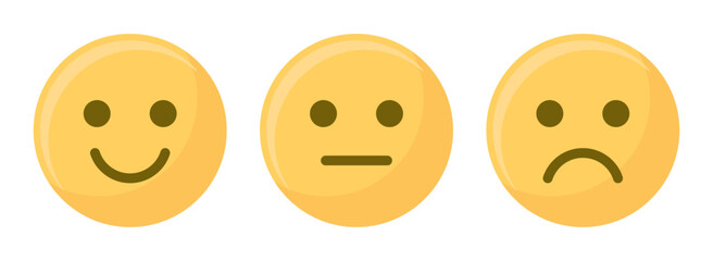 Fototapeta premium Happy, sad, and neutral emoji smiley set in yellow color vector illustration. Emoticons positive, neutral and negative. Rating smile for customer opinion. Happy, sad smiley set.