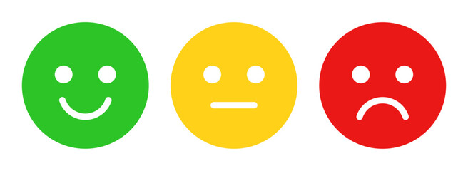Happy, sad, and neutral emoji smiley set in green, yellow and red color vector illustration. Emoticons positive, neutral and negative. Rating smile for customer opinion. Happy, sad smiley set.