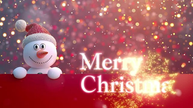 Merry christmas Christmas greeting card template. 3d snowman holding blank banner, looking at camera. Winter holiday background with gold confetti. Happy New Year mockup with copy space.