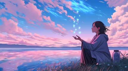 Obraz premium Young Asian woman in a serene landscape surrounded by floating butterflies at sunset.