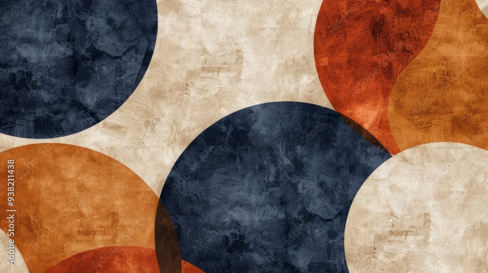 Wall mural a mix of circular and amorphous shapes in beige, navy blue, and rust orange