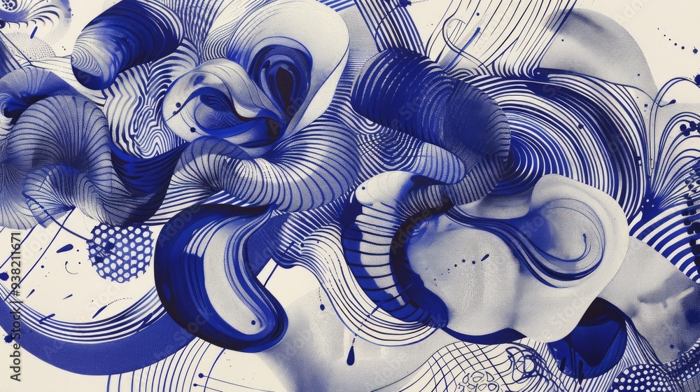 Poster textured elements, including stippling pattern in navy blue and some linear scribbles