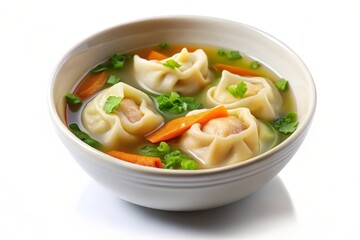 A bowl of steaming hot soup filled with dumplings, carrots, and fresh herbs. The soup is a comforting and flavorful dish that is perfect for a cold day.