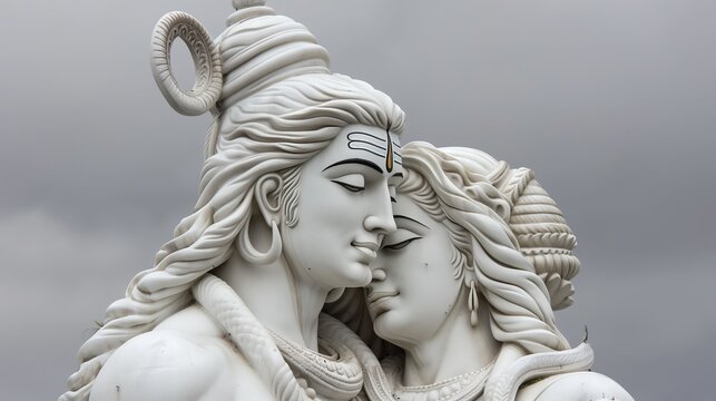 close-up of white marble sculpture of Hindu deities Shiva and Parvati