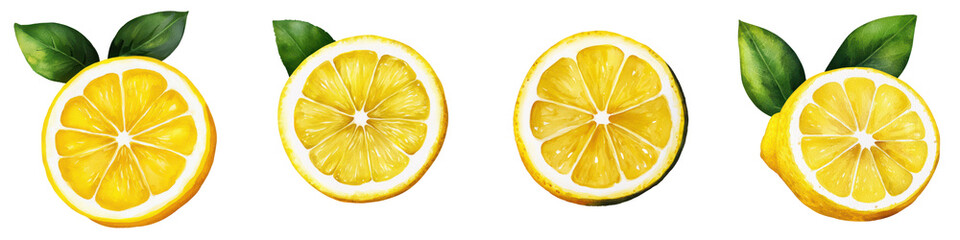 Vibrant lemons sliced in half, showcasing juicy interior and fresh green leaves, perfect for culinary and health-related themes.