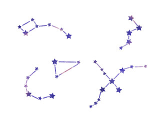 Set of watercolor constellations and stars, isolated on white