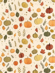 Hand drawn fall seamless pattern with pumpkins and autumn leaves. Cute watercolor background pattern design for Thanksgiving, print, packaging, wrapping paper, cover