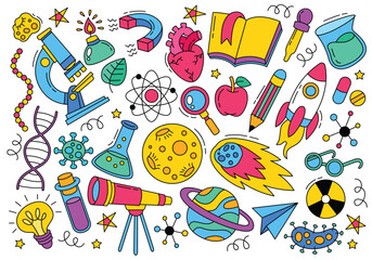 Science Doodle. Hand drawing styles of Science objects. Chemistry symbol line art