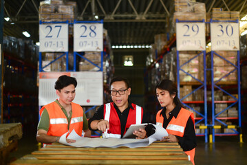 Asian male warehouse manager is holding a team meeting, assigning tasks to male and female workers in sorting area to ensure that products are delivered to customers in a accurate manner on schedule.