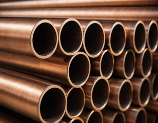 Copper bronze heat exchanger pipes. Heavy non-ferrous metallurgy. Factory industrial production of metal cuprum pipes. Heat exchanger is a technical device in which heat is exchanged between two media