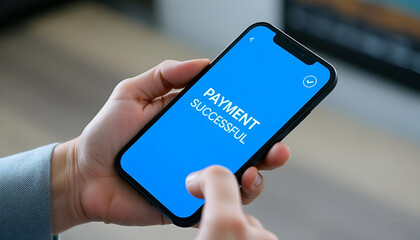 A person's hand holding a smartphone displaying the text "PAYMENT SUCCESSFUL" with a checkmark icon