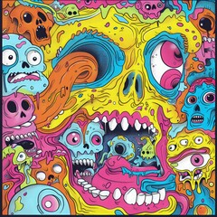 Obraz premium hand drawn monster illustration for full print t-shirt design, outline style, hyper maximalism, heavy composition.