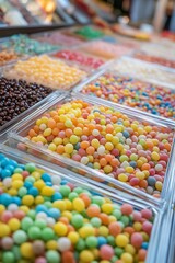 An array of colorful candies filling transparent boxes, organized neatly at a candy store or market display.