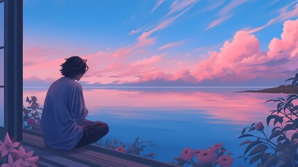 A contemplative young man sits by the window, gazing at a tranquil sunset over the sea.