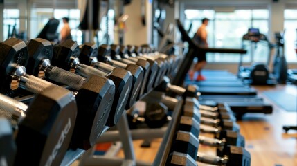 Fototapeta premium Closeup of dumbbells in a row at the gym, promoting fitness, weight training, and healthy lifestyle. Concept of exercise, workout, and bodybuilding