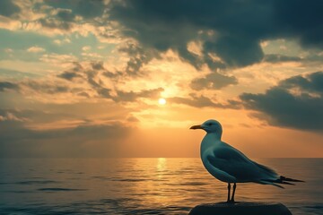A seagull perched on a structure overlooking the calm ocean during a beautiful sunrise or sunset, serene atmosphere.