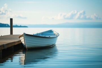 Naklejka premium An empty rowboat docked at a wooden pier on a calm and serene lake, creating a peaceful and tranquil atmosphere.