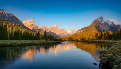 Fototapeta premium Majestic Mountain Landscape with Serene River at Sunrise Reflecting Tranquil Wilderness