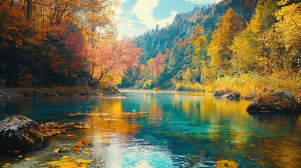 Naklejka premium A scenic fall landscape showcases vibrant trees, clear water, and clean air, free from pollution. The serene scene emphasizes the importance of preserving natural beauty and protecting the environment