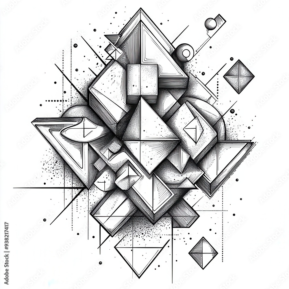 Poster abstract geometric design with various shapes and lines.
