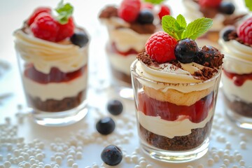 Elegant layered dessert cups featuring creamy layers, fresh raspberries, and blueberries, topped with mint leaves.