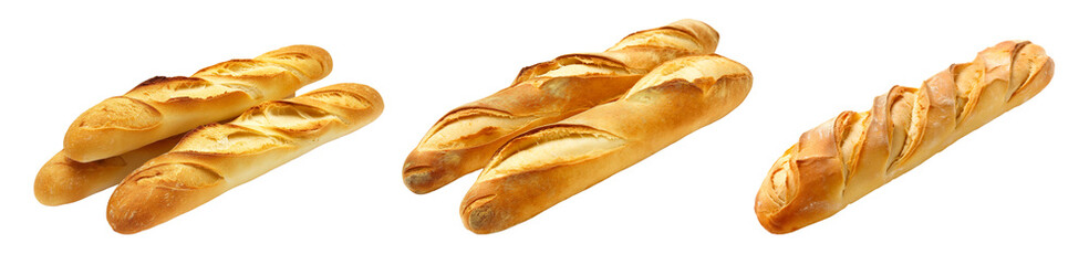 Baguette bread collection isolated on transparent background cutout PNG, Clipping Path